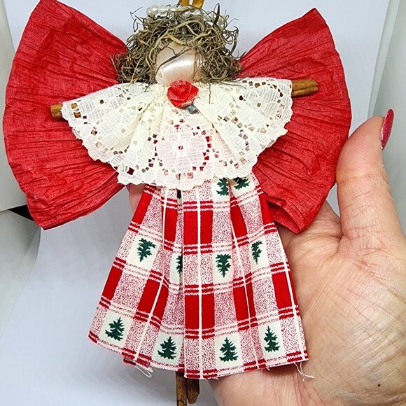 Handmade Cinnamon Stick Red Angel Red White Gift Christmas Holiday Ornament - Picture 2 of 5